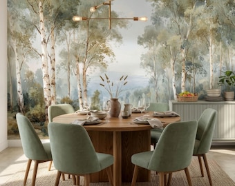 Birch Tree Forest Dining Room Wallpaper Vintage Woodland Mural