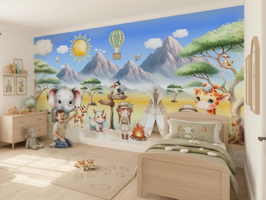 Safari Nursery Wallpaper, Jungle Animals Mural With Lion, Elephant ...