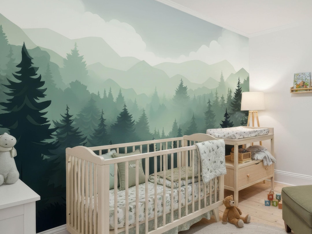 Kids Wallpaper, Mountain Forest Pine Trees, Nursery Green Wall Mural ...
