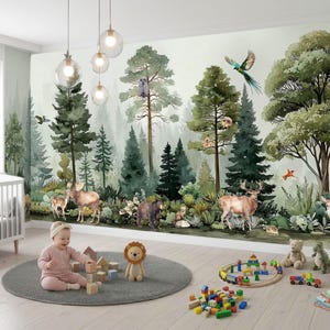 May include: A nursery with a forest mural depicting deer, trees, and birds. A baby plays with wooden blocks and soft toys on a grey rug. The room includes a cot, a window, and hanging globe lights.
