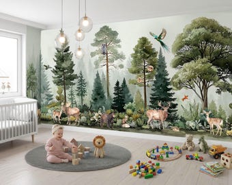 Woodland Forest Wall Mural, Watercolor Nursery Animals Peel and Stick Wallpaper, Neutral Kids Room