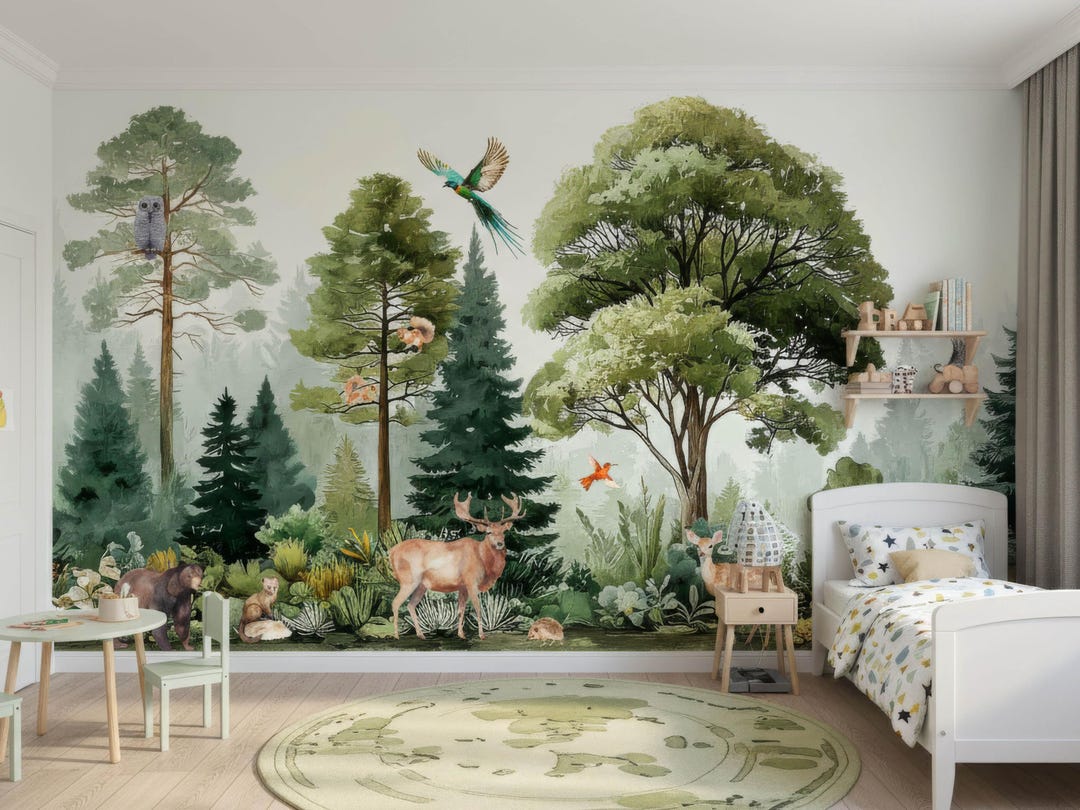 Woodland Watercolor Wall Mural Fairy Pine Tree Kids Nursery Forest ...