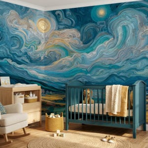 May include: A nursery with a teal crib, a wooden changing table, and a rocking chair. The wall features a mural of a swirling, abstract night sky in shades of blue, gold, and white. A yellow blanket and a stuffed lion are in the crib.