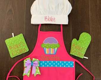 Childs Personalized Cupcake Apron, Girl Child Apron, Embroidered Girls Apron, Kids Personalized Apron, Pink, Lime, Teal, Chef hat, oven mitt