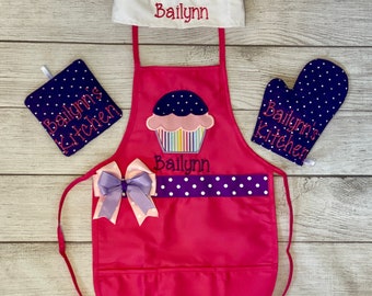 Childs Pink Purple Personalized Cupcake Apron, Girl Child Apron, Embroidered Girls Apron, Kids Personalized Apron, Chef hat, oven mitt