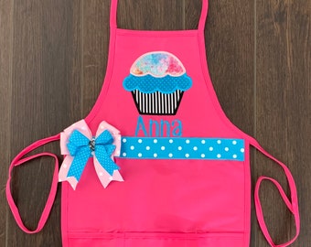 Childs Personalized Cupcake Apron, Girl Child Apron, Embroidered Girls Apron, Kids Personalized Apron, Pink, Teal,