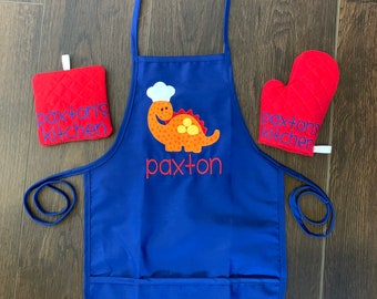 Childs Personalized Dinosaur Apron, Boy Child Apron, Embroidered Boys Apron, Kids Personalized Apron, Blue Apron, Dino Apron, Chef Apron