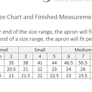 May include: A size chart and finished measurements table for an apron, featuring columns for Extra Small, Small, Medium, and Large sizes. The table lists height, chest, and waist measurements in inches for children ranging from 12 months to 14 years.