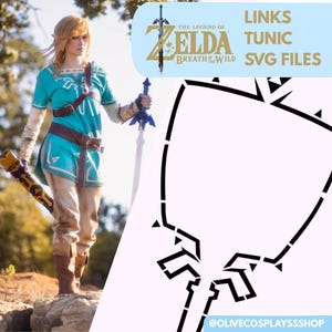 Op de afbeelding: Een digitale bestandsset met SVG-bestanden van de tuniek van Link uit The Legend of Zelda Breath of the Wild. De afbeelding toont een persoon in een blauwe tuniek, beige broek en bruine laarzen met een zwaard, naast een zwart-wit sjabloonontwerp.