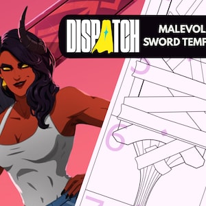 Puede incluir: Ilustración digital de un personaje de piel roja con cuernos, que lleva una camiseta sin mangas blanca y vaqueros azules. La imagen incluye el texto "DISPATCH" y "MALEVOLA SWORD TEMPLATE" en una pancarta negra, con un diseño de plantilla de espada.