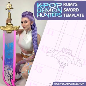 May include: A K-Pop Demon Hunters Rumi's sword template featuring a large, gold-hilted prop sword with a glowing pink edge and iridescent blue blade patterns, alongside a technical line drawing grid showing the sword's construction details.