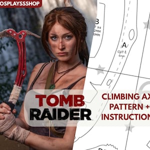 Pode incluir: Um machado de escalada vermelho e prateado com uma pega enrolada é segurado em frente a uma pessoa. A imagem inclui o texto "TOMB RAIDER" e "CLIMBING AXE PATTERN + INSTRUCTIONS". O fundo é uma cachoeira.