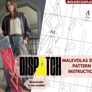 May include: A large, two-toned sword with a pink and gray blade, held by a person. The sword has a detailed design and is labeled "MALEVOLAS SWORD PATTERN + INSTRUCTIONS." The image also includes the word "DISPATCH" and text that says "Detachable in the middle!"
