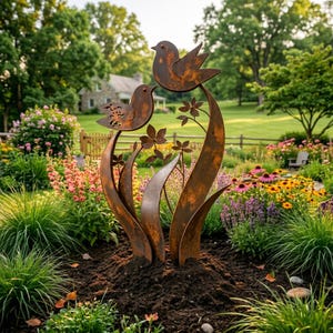 Peut inclure: Une sculpture de jardin en métal vieilli représentant deux oiseaux perchés sur des tiges stylisées avec des feuilles et des fleurs. La sculpture a une finition marron rustique et est installée dans un jardin avec des fleurs et de la verdure colorées.