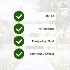 May include: A digital graphic featuring four dark green circles with white checkmarks, each aligned with text: Din A4, 16 Aussagen, Einzigartiger Spa&szlig;, and Sofortiger Download. The top right corner displays a logo with the text Bingo Bliss.