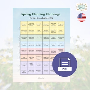 Op de afbeelding: Een kleurrijke voorjaarsschoonmaak checklist met diverse taken, waaronder het schoonmaken van laden, opruimen en het wassen van gordijnen. De afbeelding bevat een PDF-pictogram en de tekst "Spring Cleaning Challenge".