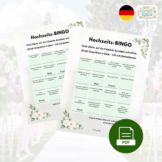 Hochzeitsbingo Deutsch | Kennenlernspiel für Hochzeitsgäste | Hochzeitsspiel zum Ausdrucken | Eisbrecher für Gäste | PDF Download