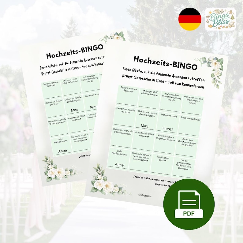 May include: Two identical wedding bingo game cards featuring a white background with pale green grid squares and floral accents in the corners. The text reads Hochzeits-BINGO, Finde G&auml;ste, auf die folgende Aussagen zutreffen, and Bringt Gespr&auml;che in Gang.