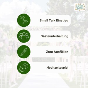 May include: A vertical list of four dark green circular icons with white line art depicting speech bubbles, a group of people, a pencil, and two dice. Each icon is paired with German text: Small Talk Einstieg, G&auml;steunterhaltung, Zum Ausf&uuml;llen, and Hochzeitsspiel. A Bingo Bliss logo is in the top right corner.
