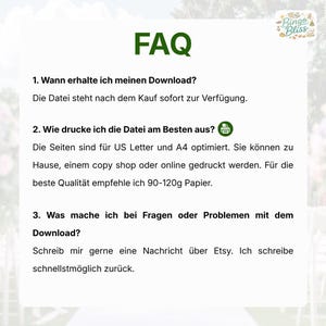 May include: A white informational graphic with the green heading FAQ and the logo Bingo Bliss in the corner. It lists three numbered questions and answers in German regarding digital download availability, printing instructions, and support.