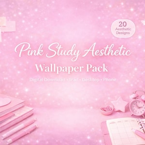 May include: Pink aesthetic wallpaper pack with the text "Pink Study Aesthetic Wallpaper Pack". The image features pink notebooks, pens, pencils, a star, a heart-shaped dish, a clock, and butterflies on a pink background.