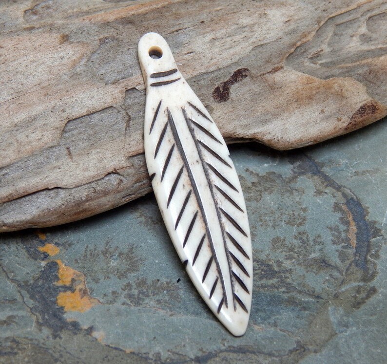 Carved Bone Feather Pendant 60x16mm With Black - Bone Carved Feather Pendants Carved Bone Feather Pendant 60x16mm With Black - Bone Carved Feather Pendants