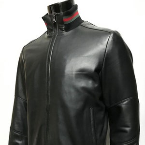 Italian handmade Men soft Genuine leather bomber jacket color Black