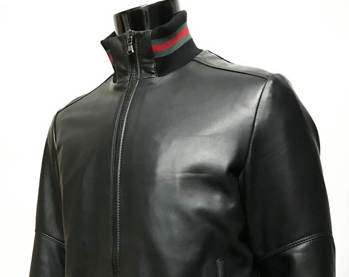 Italian handmade Men soft Genuine leather bomber jacket color Black