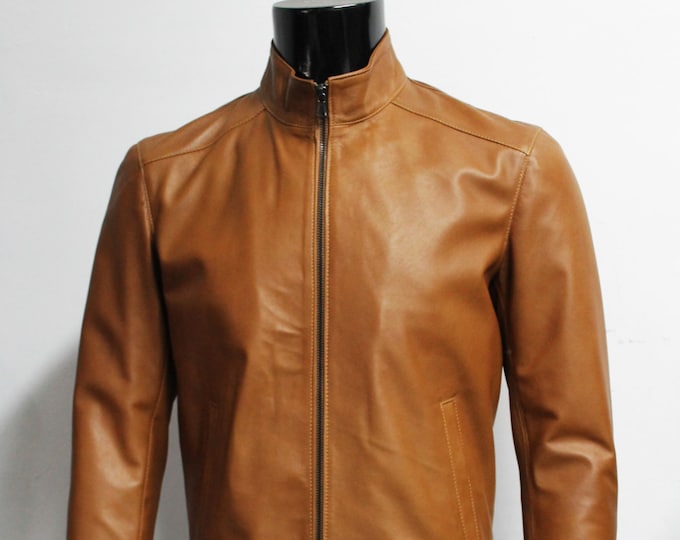 Italian handmade Men genuine lambskin leather jacket color Tan XS to 3XL