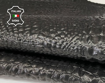 WASHED BLACK CROCODILE alligator textured embossed on vegetable tanned Italian Goatskin Goat leather 2 skins hides total 10sqf 1.1mm
