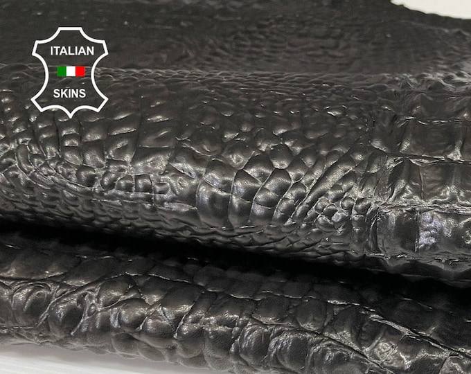 WASHED BLACK CROCODILE alligator textured embossed on vegetable tanned Italian Goatskin Goat leather 2 skins hides total 10sqf 1.1mm