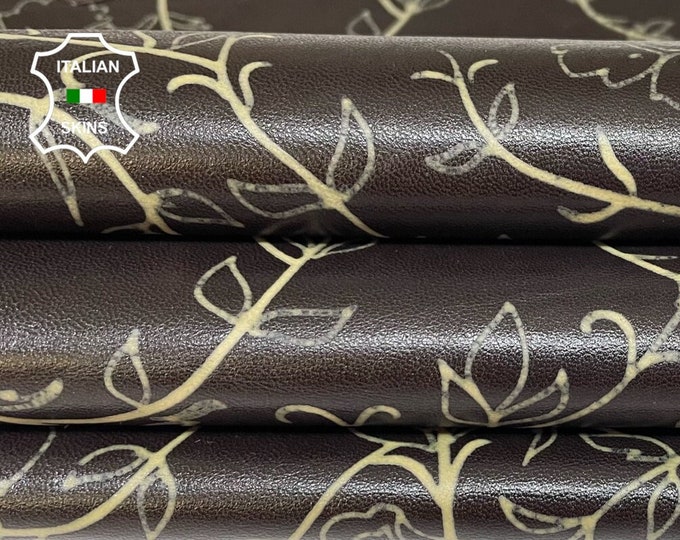 DARK BROWN FLOWERS Print soft Italian Lambskin Lamb Sheep Leather hide hides skin skins 5sqf 0.7mm #B157