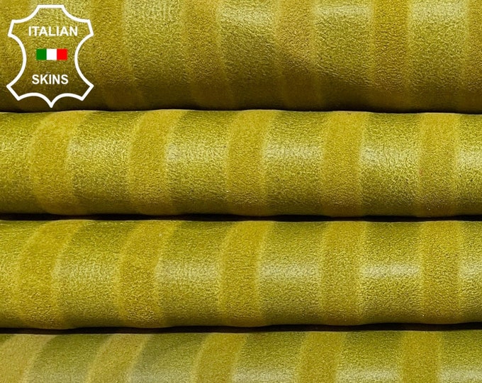 AVOCADO GREEN STRIPES Printed Vintage Look Thin Italian Lambskin Lamb Sheep Leather hides pack 2 skins total 12sqf 0.6mm #B2071