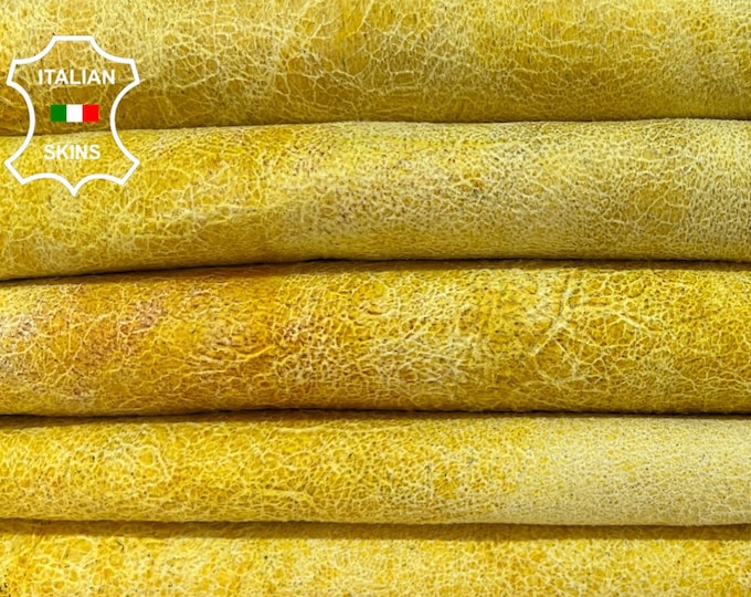 YELLOW CRINKLED VINTAGE Look Thick Soft Italian Lambskin Lamb Sheep Leather pack 2 hides skins total 14sqf 1.3mm #B4276