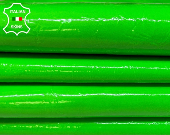 PATENT NEON Apple GREEN fluorescent crinkled wet look soft Italian Lambskin Lamb Sheep leather skin hide skins hides 5-7sqf 0.7mm #A8877
