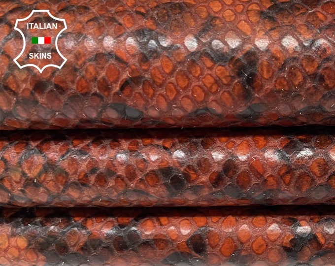 BURNT Oak BROWN PYTHON Snake Print Textured on Soft Italian Calfskin Calf Cow Leather hide hides skin skins 5-7+sqf 0.7mm #B261