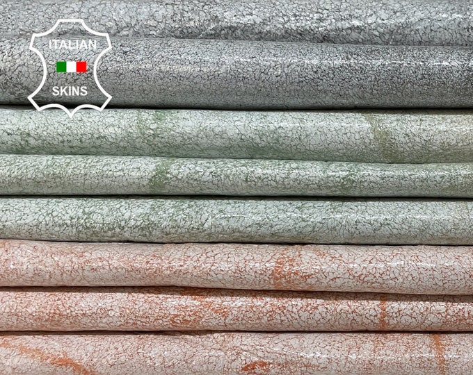 PATENT WHITE DISTRESSED On Gray Orange Green Shiny Stonewash Look Soft Italian Lambskin Sheep Leather pack 3 skins total 15sqf 0.6mm #B719