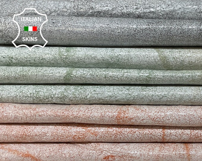 PATENT WHITE DISTRESSED On Gray Orange Green Shiny Stonewash Look Soft Italian Lambskin Sheep Leather pack 3 skins total 15sqf 0.6mm #B719