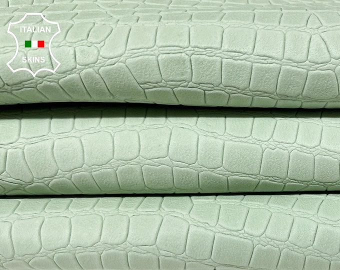 NATURAL LIGHT GREEN Crocodile Embossed textured soft Italian Calfskin Calf Cow Leather hides pack 3 skins total 26sqf 1.1mm #A9342