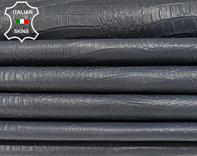 GRAY BLUE MIDNIGHT Crocodile Textured Embossed Print On Thin Italian Lambskin Lamb Sheep Leather hides pack 2 skins total 12sqf 0.5mm #B2224