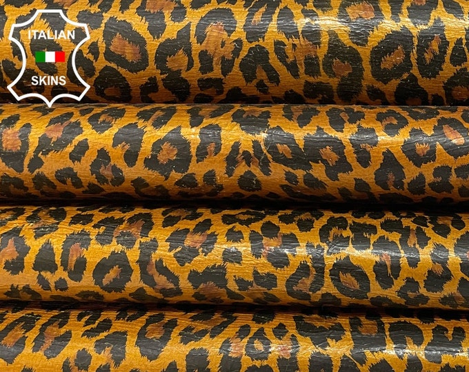 Tan LEOPARD PRINT On Coated Crinkled Thick Italian Goatskin Goat Leather hides pack 3 skins total 18sqf 1.1mm #B2104