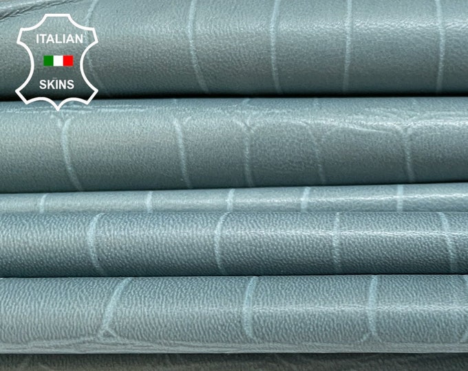 NATURAL LIGHT GREYISH Blue Crocodile Print On Thin Soft Italian Lambskin Lamb Sheep Leather pack 2 skins total 12sqf 0.6mm #B2960