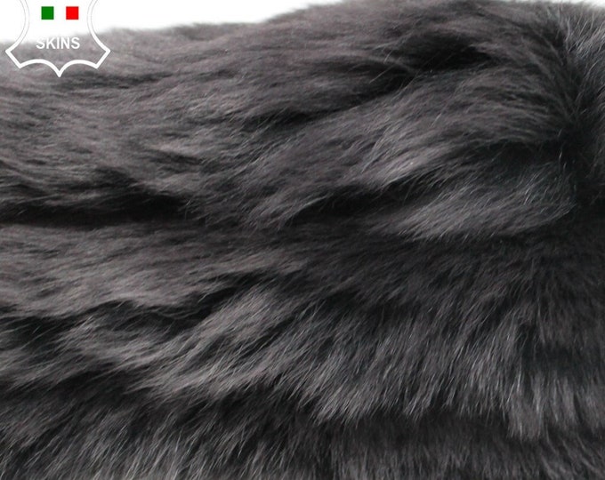 TAUPE GRAY on BLACK Crinkled sheepskin shearling fur hairy sheep Italian leather skin hide 17"x22" #A9438
