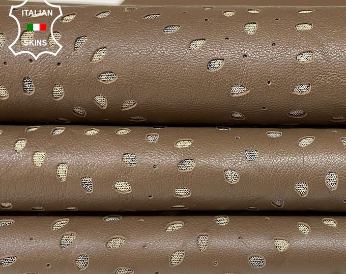 BROWN PERFORATED WITH Leopard Fabric Print On the Backside Soft Italian Lambskin Lamb Sheep Leather hide hides skin skins 6sqf 0.7mm #B349