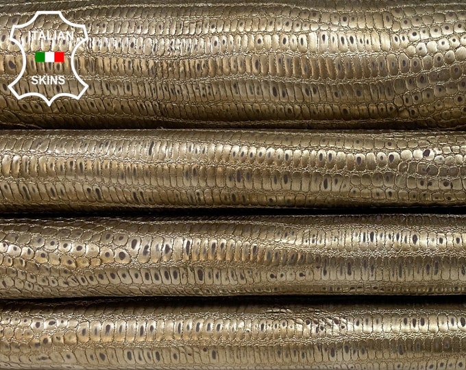 METALLIC PLATINUM DISTRESSED Tejus Reptile Textured Print On Italian Calfskin Calf Cow Leather hides pack 2 skins total 9+sqf 1.1mm #B2303