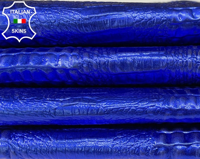 METALLIC COBALT BLUE Crocodile Textured Embossed Print On Italian Goatskin Goat Leather hides pack 2 skins total 14sqf 0.7mm #B1495