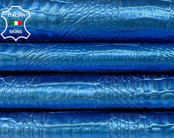 METALLIC AZURE BLUE Vintage Look Crocodile Textured Embossed Print On Italian Goatskin Goat Leather pack 2 skins total 14sqf 0.7mm #B1494