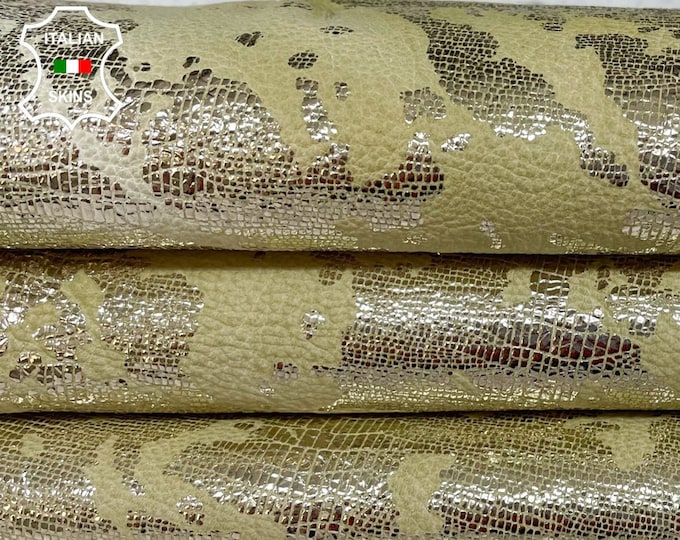 METALLIC LIGHT GOLD Tejus Reptile Print Distressed On Ivory Thick soft Italian Goatskin Goat Leather hide hides skin skins 6sqf 1.5mm #B145