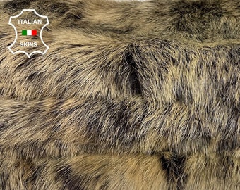 Delivered Duty Paid-BEIGE DISTRESSED On BLACK Rabbit skin Shearling Fur Rug Pelt hairy 1 side usable Soft leather skin 22"x47"  #B2401