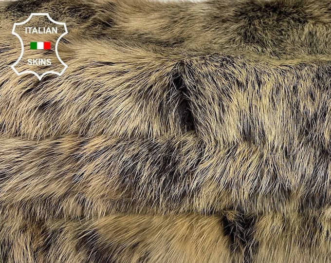 BEIGE DISTRESSED On BLACK Rabbit skin Shearling Fur Rug Pelt hairy 1 side usable Soft Italian leather hides hide skin skins 22"x47"  #B2401